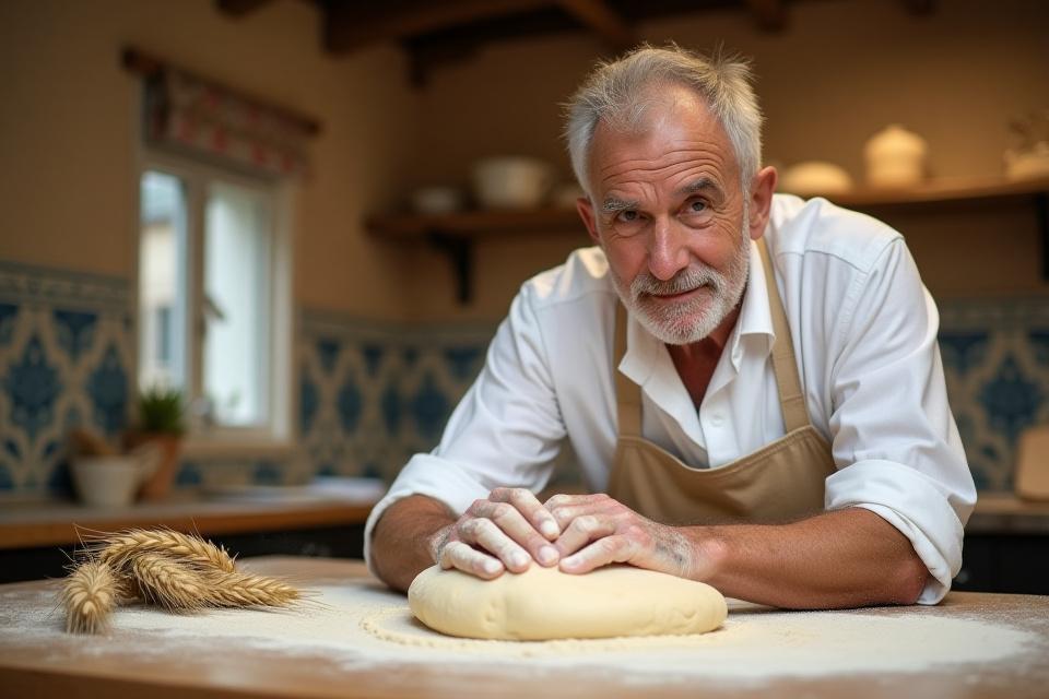 Le boulanger fondateur de Vesta Boulangerie pétrissant le pain avec passion