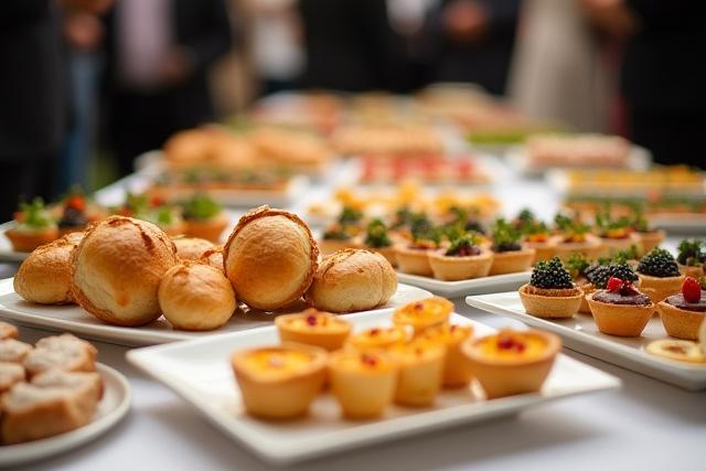 Table élégamment dressée avec un assortiment de pains surprises, de mini-quiches et de mignardises sucrées pour un service traiteur